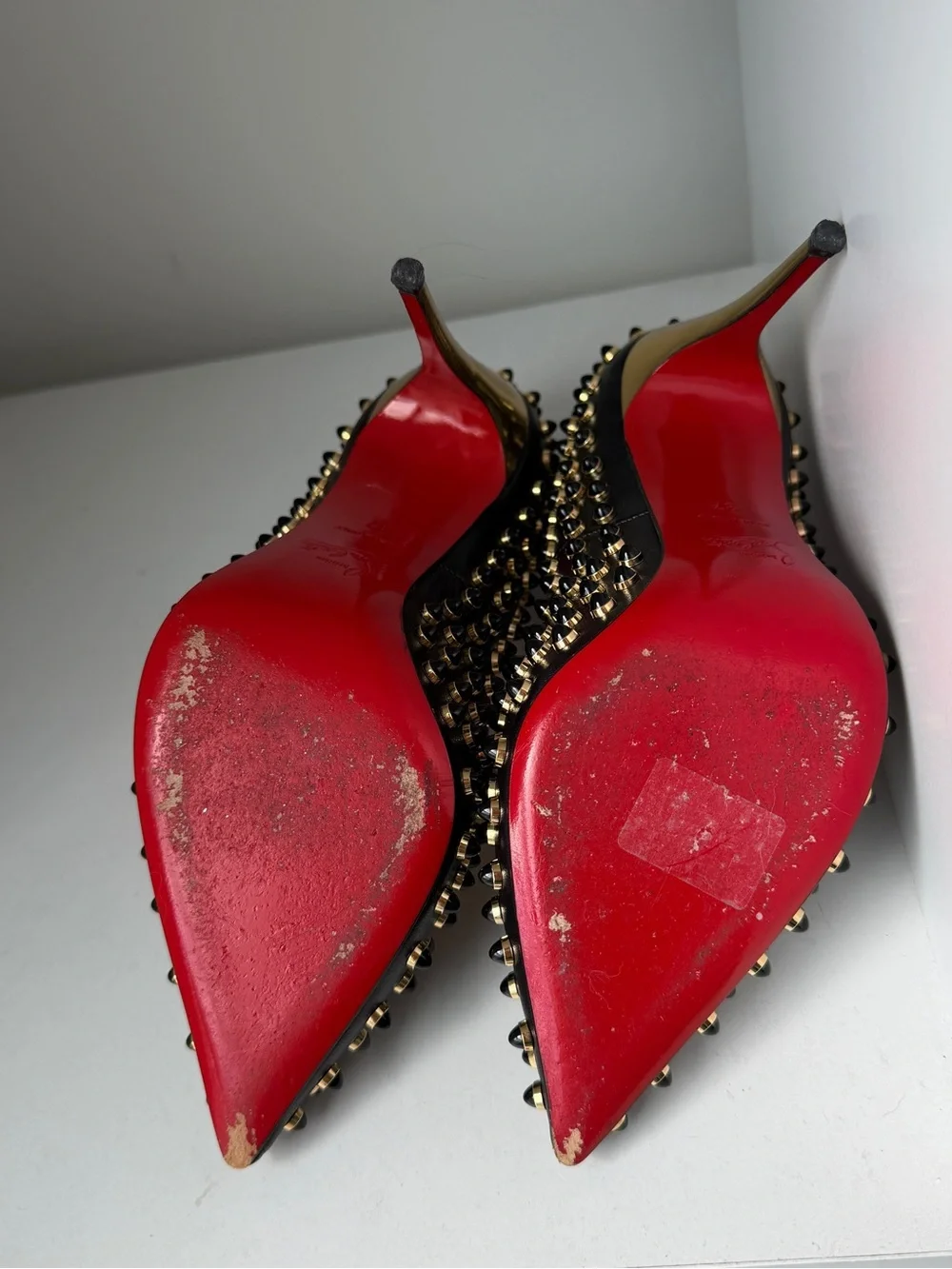 Christian Louboutin Black Leather Pointed-Toe Pumps with Gold Studs